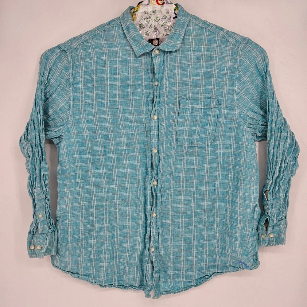 Tommy Bahama Shirt Mens XXXL Linen Long‎ Sleeve Button Up Blue White Check